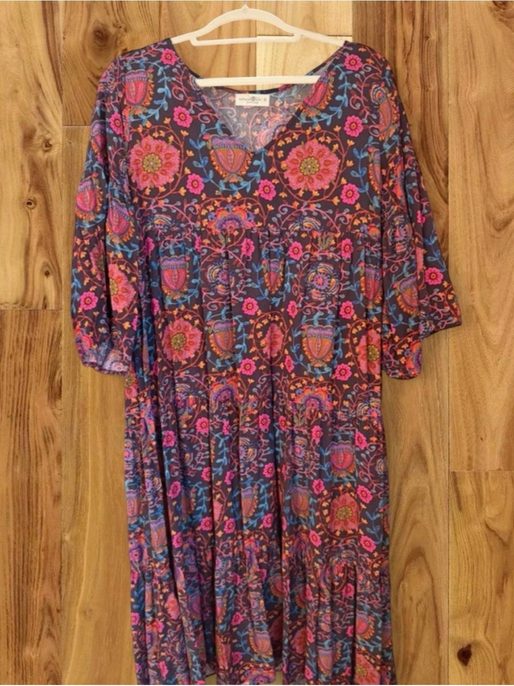 NATURAL LIFE Purple Midi Dress with Pink & Blue Floral Print